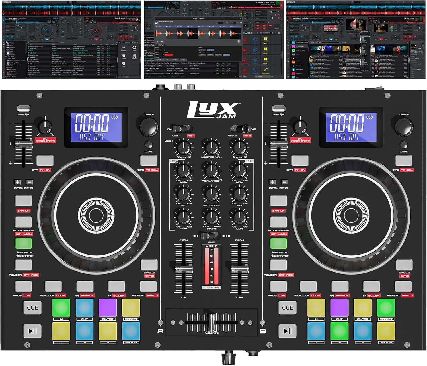 2-Deck Portable DJ Controller, Mixing Console with LCD Display | Manual Looping, USB, MIC Input, Record Output, 16 Performance Pads with Virtual DJ LE Software Included (Download)