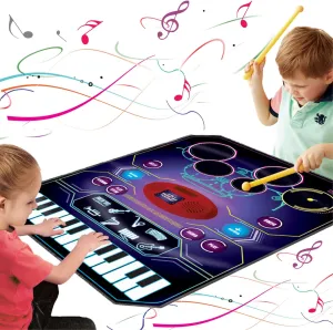 2 in 1 Kids Music Learning Toys for Boys Girls, Drum Set   Piano Mat | Record & Playback, Built-in Songs, 8 Instrument Sounds, 24 Keys, Christmas Birthday Gifts for Toddler 3 4 5 6 7 8 Years