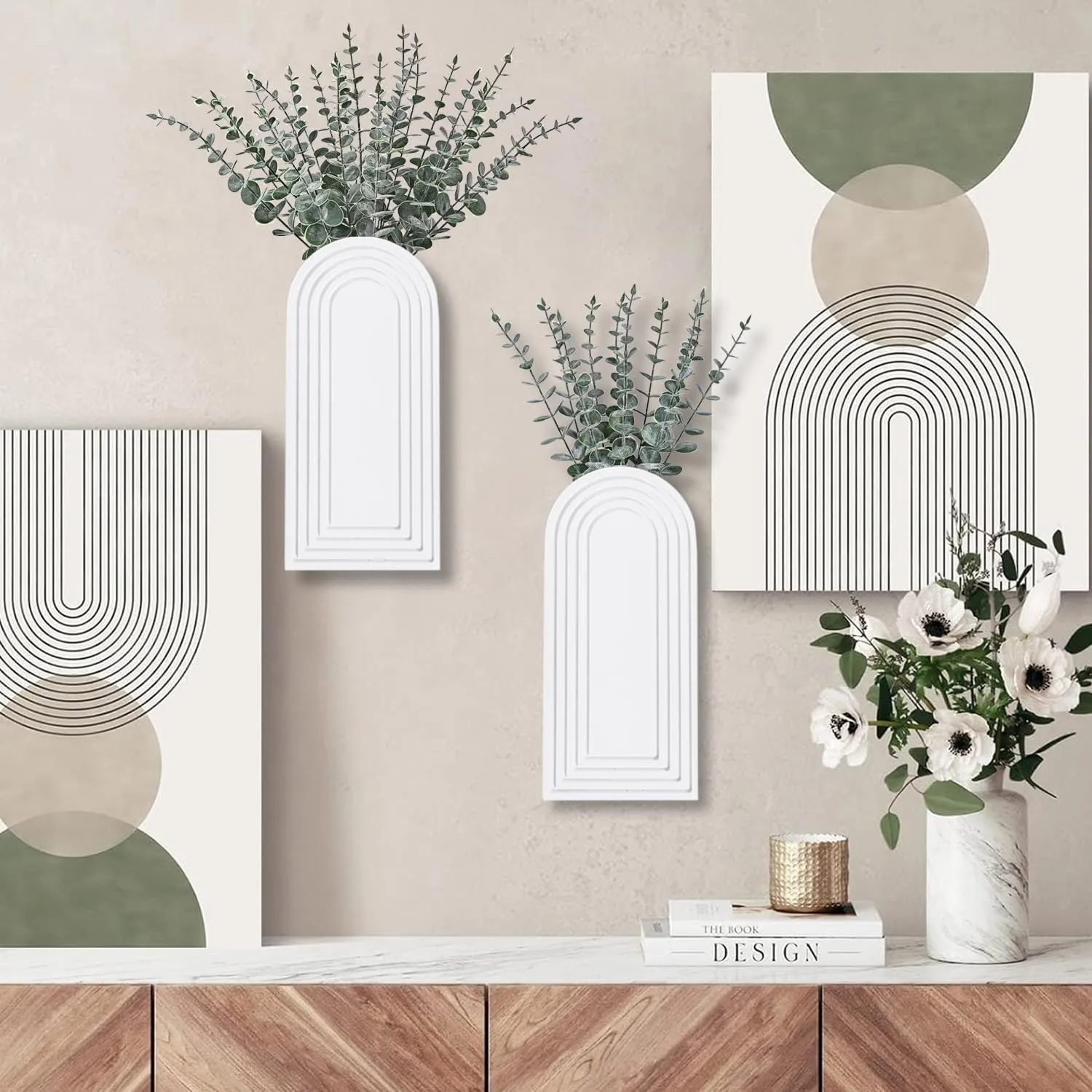 2 Pack Wooden Wall Vase Set - White Finish Modern Farmhouse & Boho Wall Decor for Entryway, Hallway, Bathroom, Living Room, Dining Room, Narrow Spaces