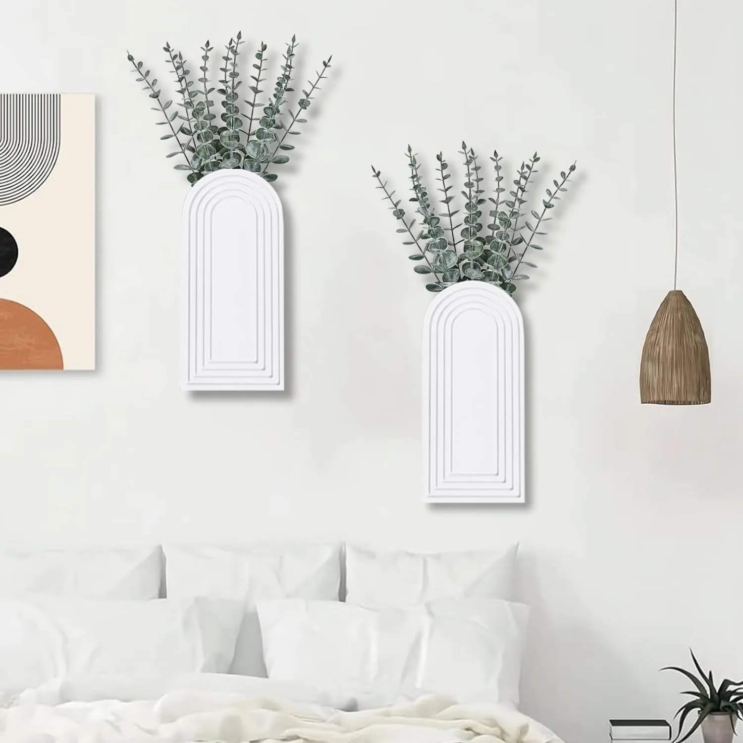 2 Pack Wooden Wall Vase Set - White Finish Modern Farmhouse & Boho Wall Decor for Entryway, Hallway, Bathroom, Living Room, Dining Room, Narrow Spaces
