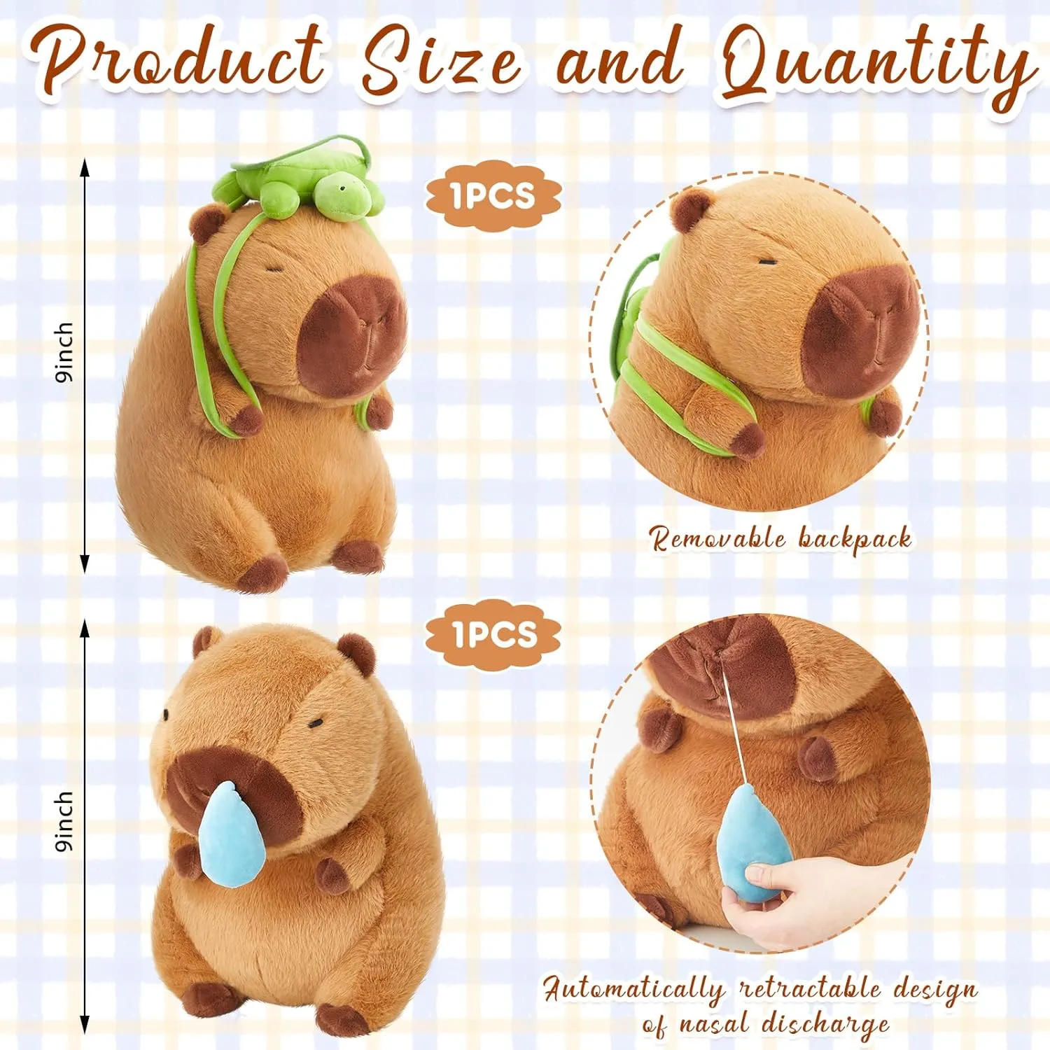 2 Pcs Cute Capybara Plush Stuffed Animal 9'' Cartoon Soft Brown Capybara Plushie Lovely Plush Gifts for Adults Birthday Party Favor Supply(Turtle Bag, Snot)