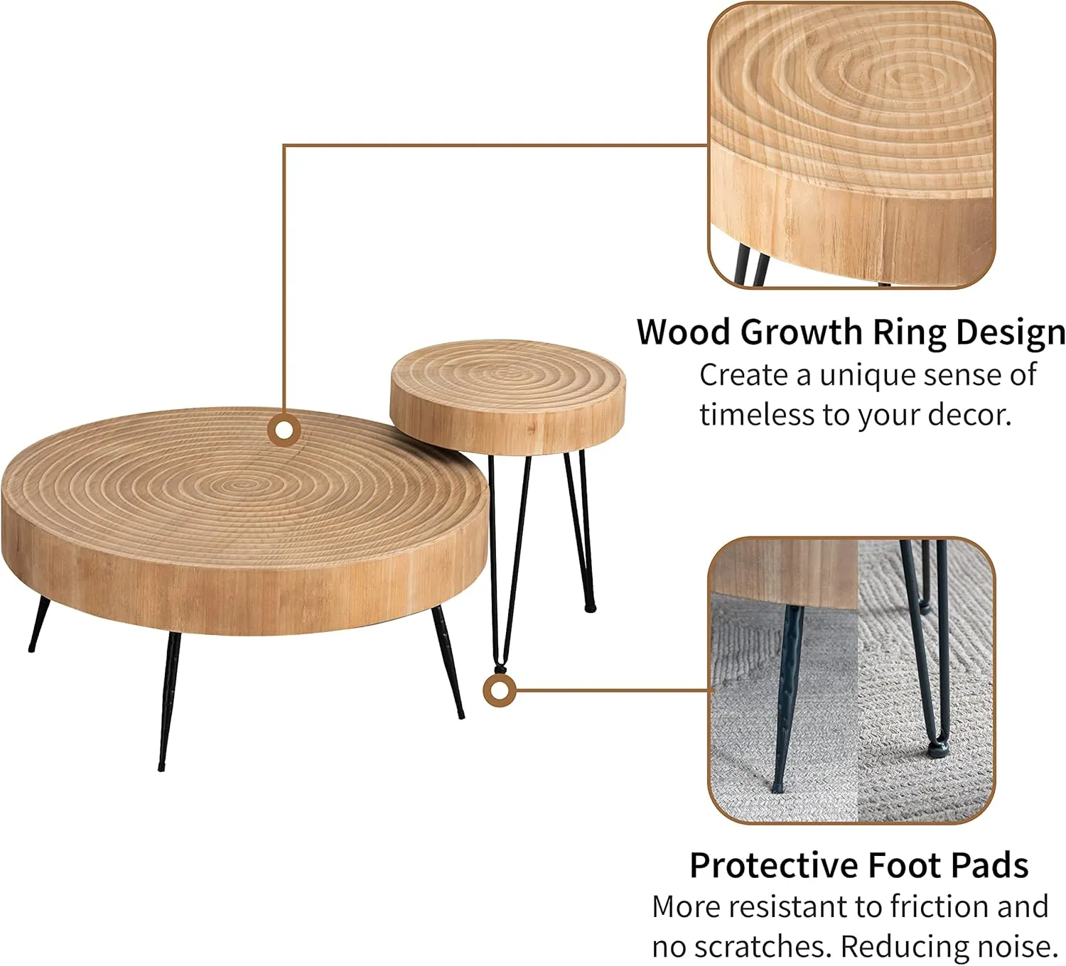 2-Piece Modern Farmhouse Living Room Coffee Table Set, Nesting Table Round Natural Finish with Handcrafted Wood Radial Pattern Light Wooden