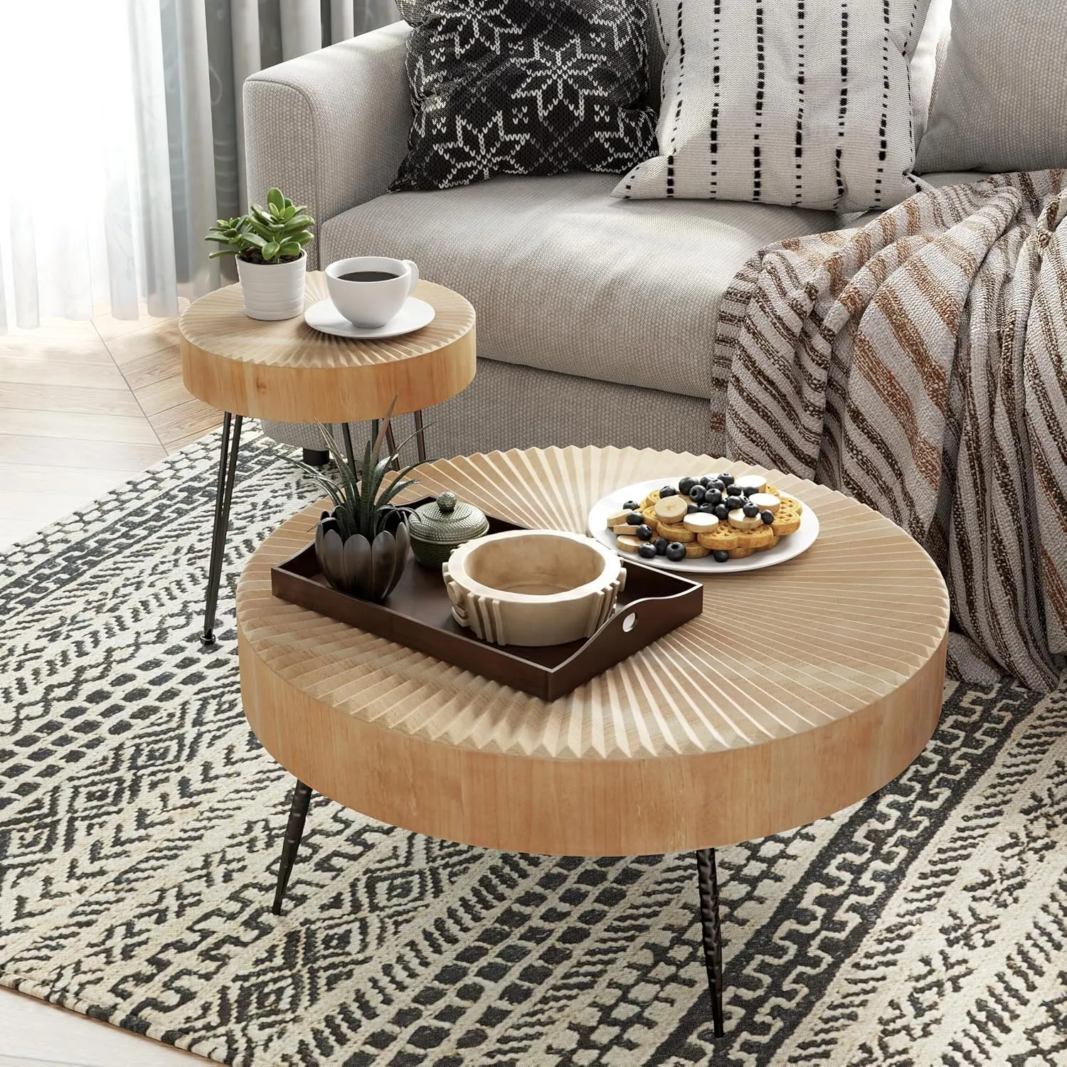 2-Piece Modern Farmhouse Living Room Coffee Table Set, Nesting Table Round Natural Finish with Handcrafted Wood Radial Pattern Light Wooden