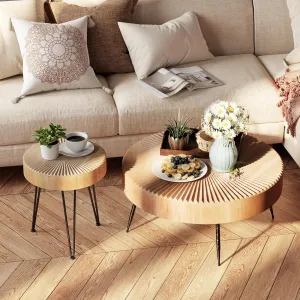 2-Piece Modern Farmhouse Living Room Coffee Table Set, Nesting Table Round Natural Finish with Handcrafted Wood Radial Pattern Light Wooden