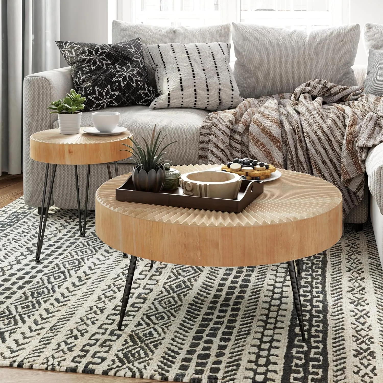 2-Piece Modern Farmhouse Living Room Coffee Table Set, Nesting Table Round Natural Finish with Handcrafted Wood Radial Pattern Light Wooden