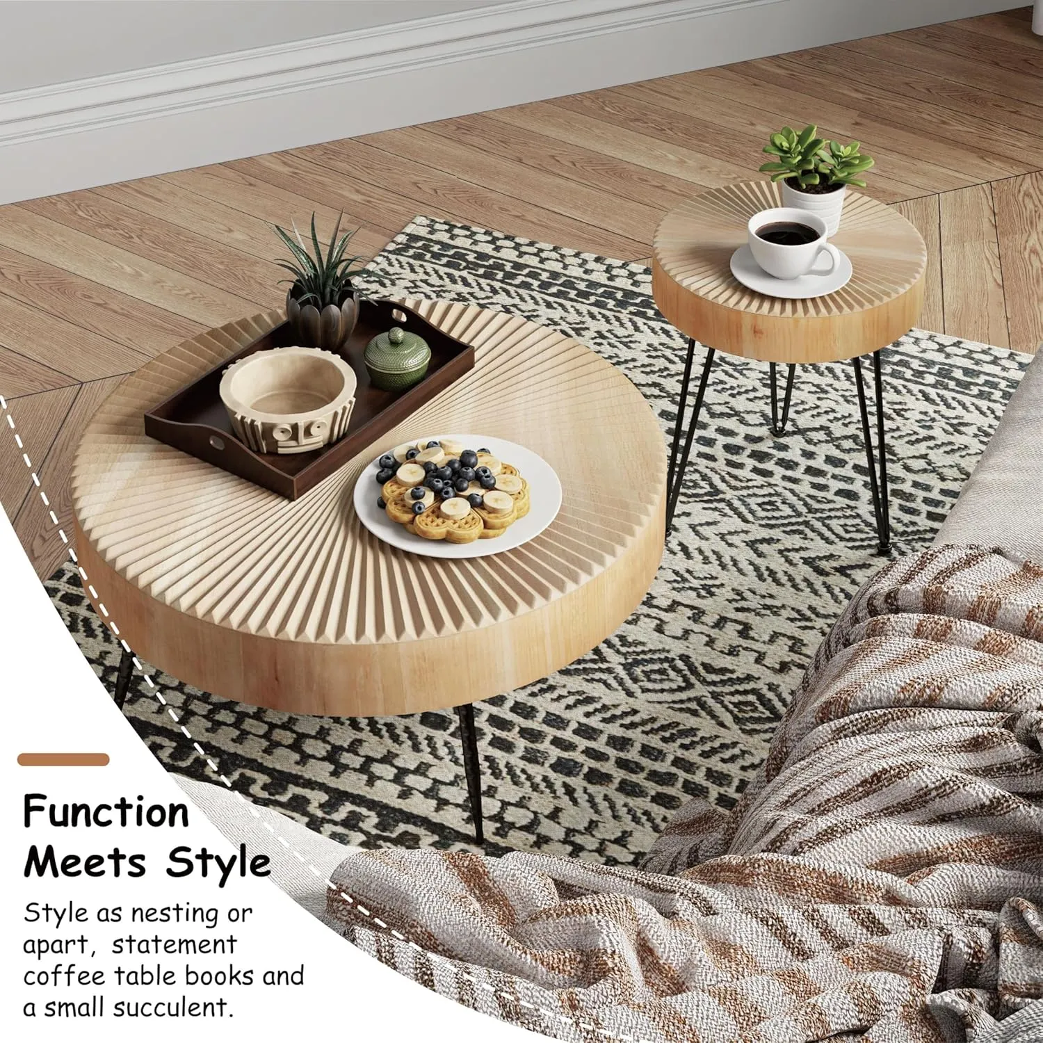 2-Piece Modern Farmhouse Living Room Coffee Table Set, Nesting Table Round Natural Finish with Handcrafted Wood Radial Pattern Light Wooden