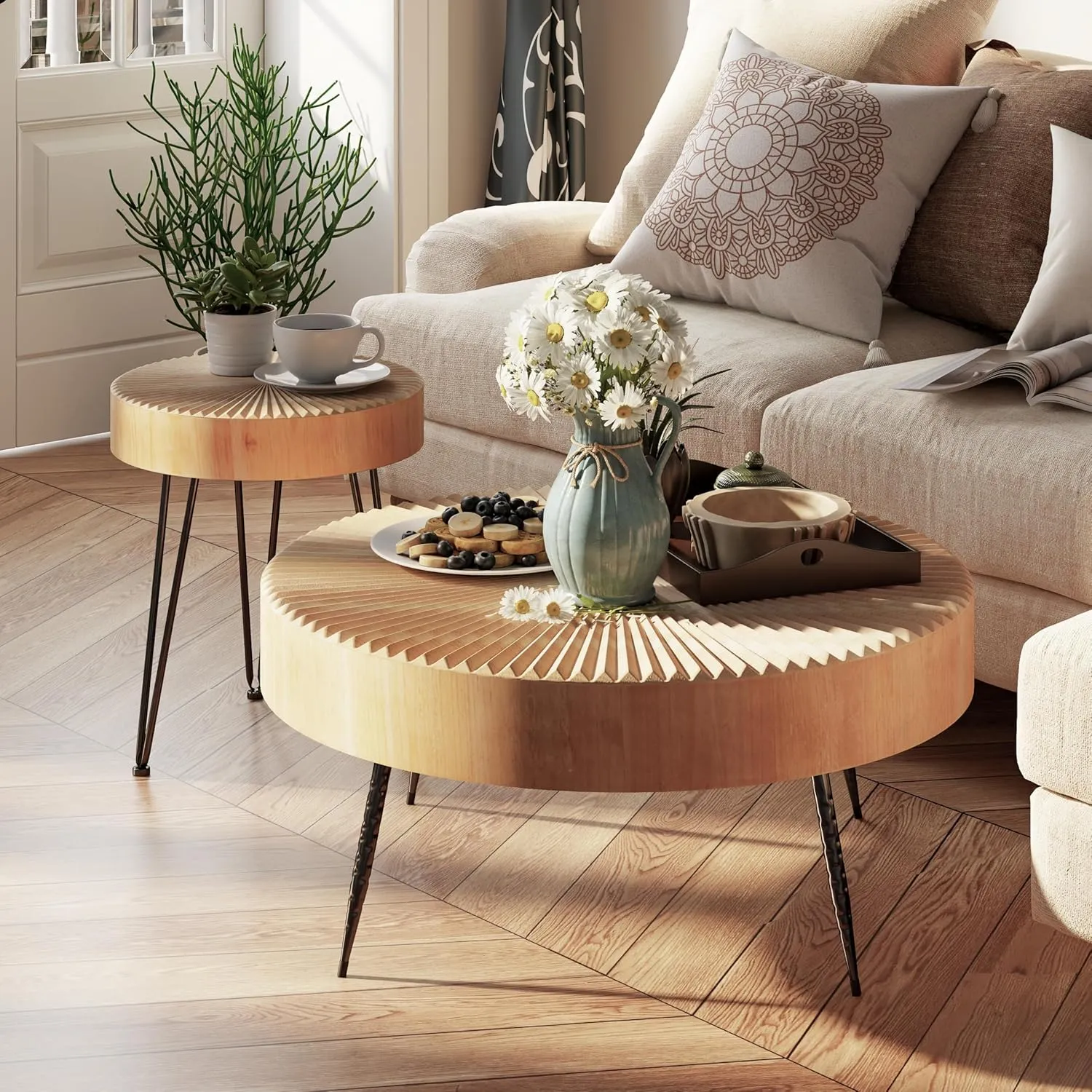 2-Piece Modern Farmhouse Living Room Coffee Table Set, Nesting Table Round Natural Finish with Handcrafted Wood Radial Pattern Light Wooden