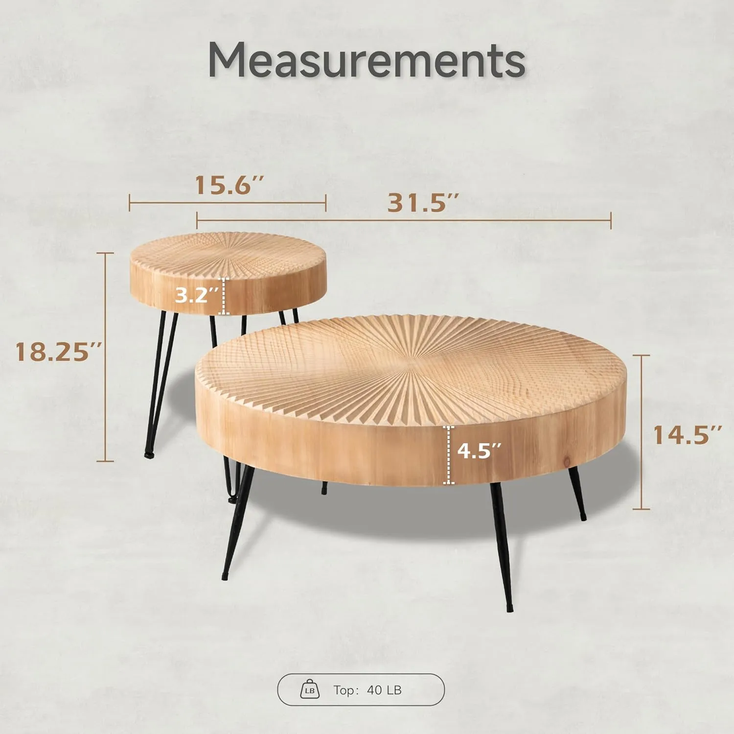 2-Piece Modern Farmhouse Living Room Coffee Table Set, Nesting Table Round Natural Finish with Handcrafted Wood Radial Pattern