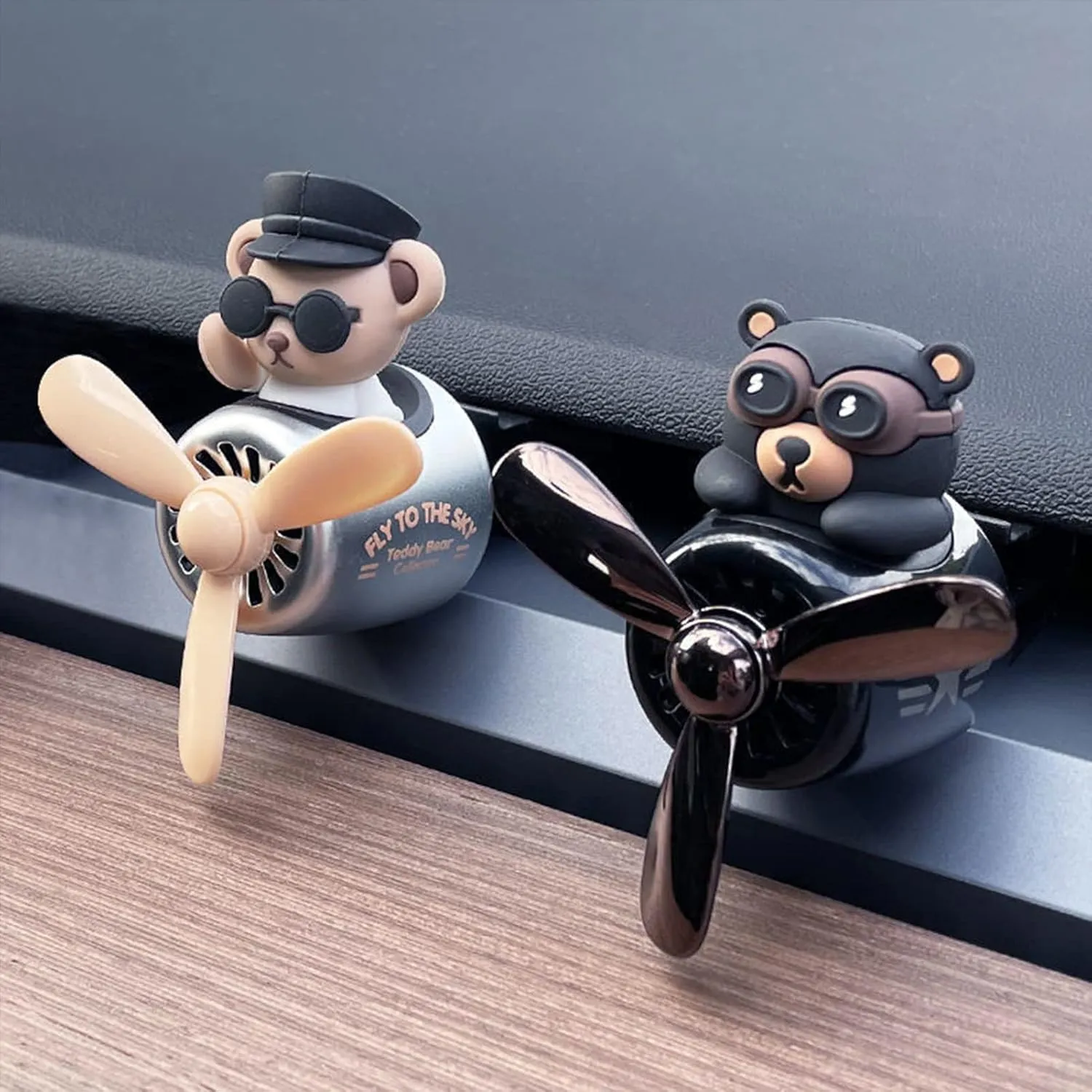 2 Pieces Car Air Fresheners, Cute Bear Pilot Car Diffuser, Propeller Air Outlet Vent Fresheners, Suitable for Automotive Interior Decoration (Bear (A B))