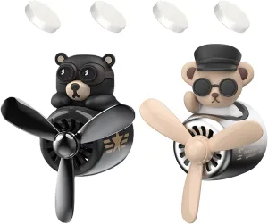 2 Pieces Car Air Fresheners, Cute Bear Pilot Car Diffuser, Propeller Air Outlet Vent Fresheners, Suitable for Automotive Interior Decoration (Bear (A B))