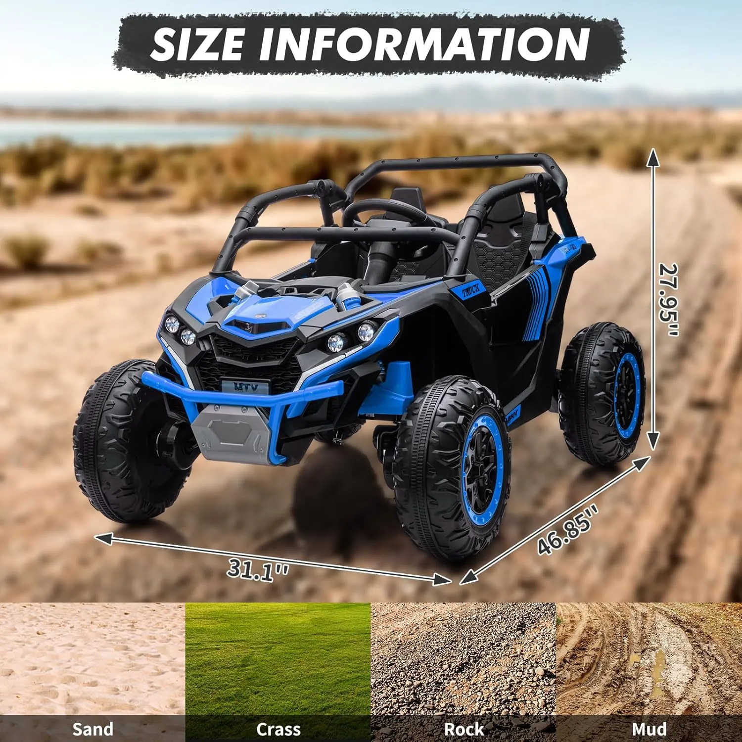 2 Seater Kids Electric Utv, 24V 4WD Ride On Car with Remote Control, Battery-Powered Off-Road Toy, Led Lights, and Music for Boys and Girls Ages 3 (Blue)