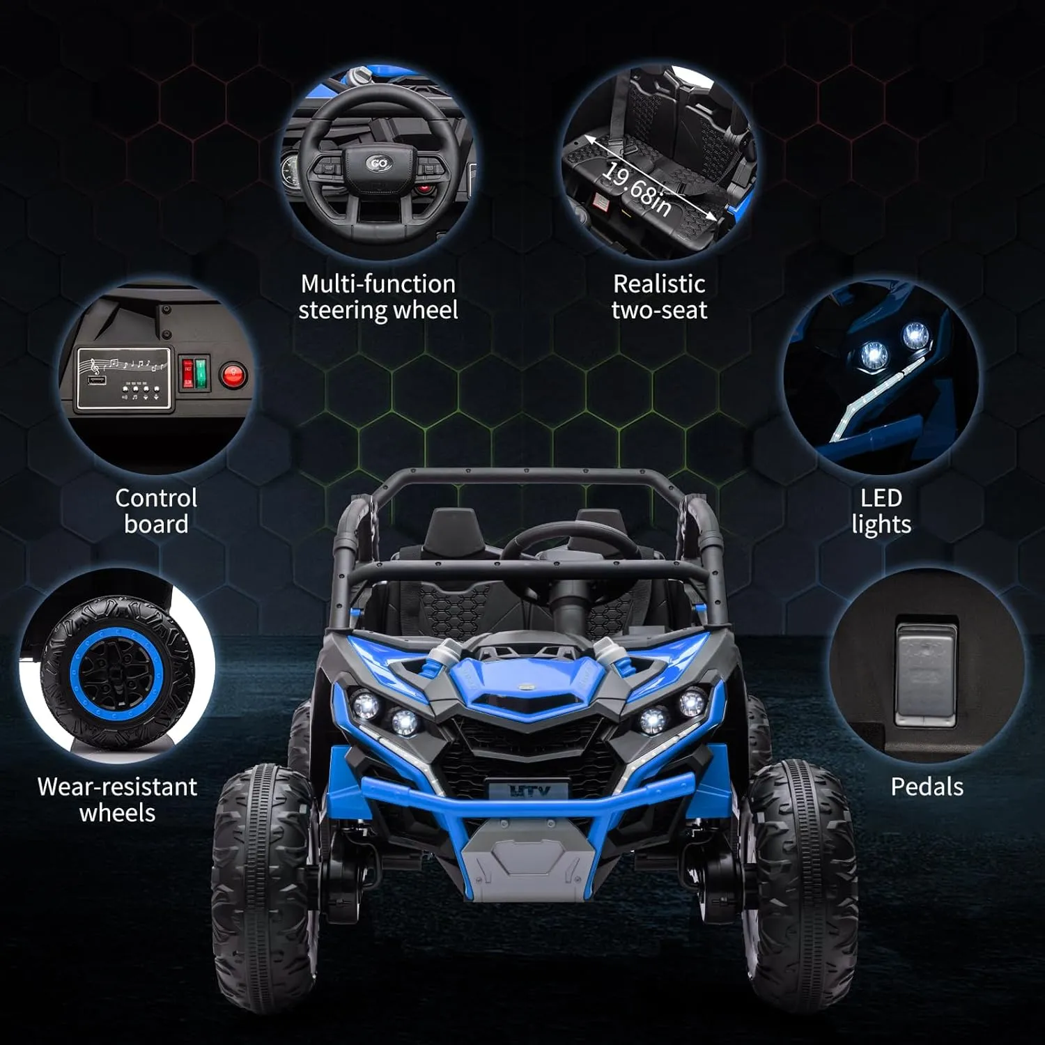 2 Seater Kids Electric Utv, 24V 4WD Ride On Car with Remote Control, Battery-Powered Off-Road Toy, Led Lights, and Music for Boys and Girls Ages 3 (Blue)