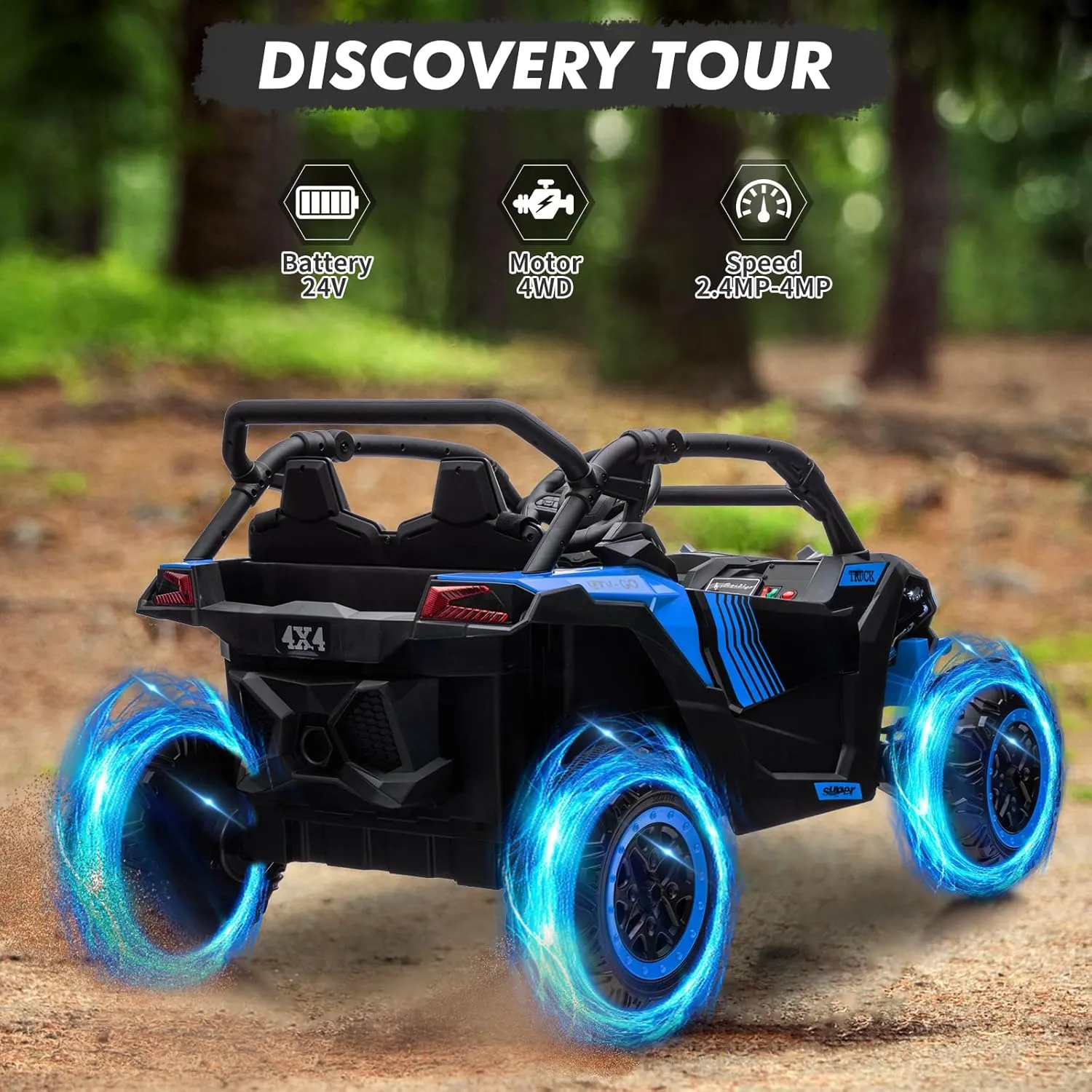 2 Seater Kids Electric Utv, 24V 4WD Ride On Car with Remote Control, Battery-Powered Off-Road Toy, Led Lights, and Music for Boys and Girls Ages 3 (Blue)