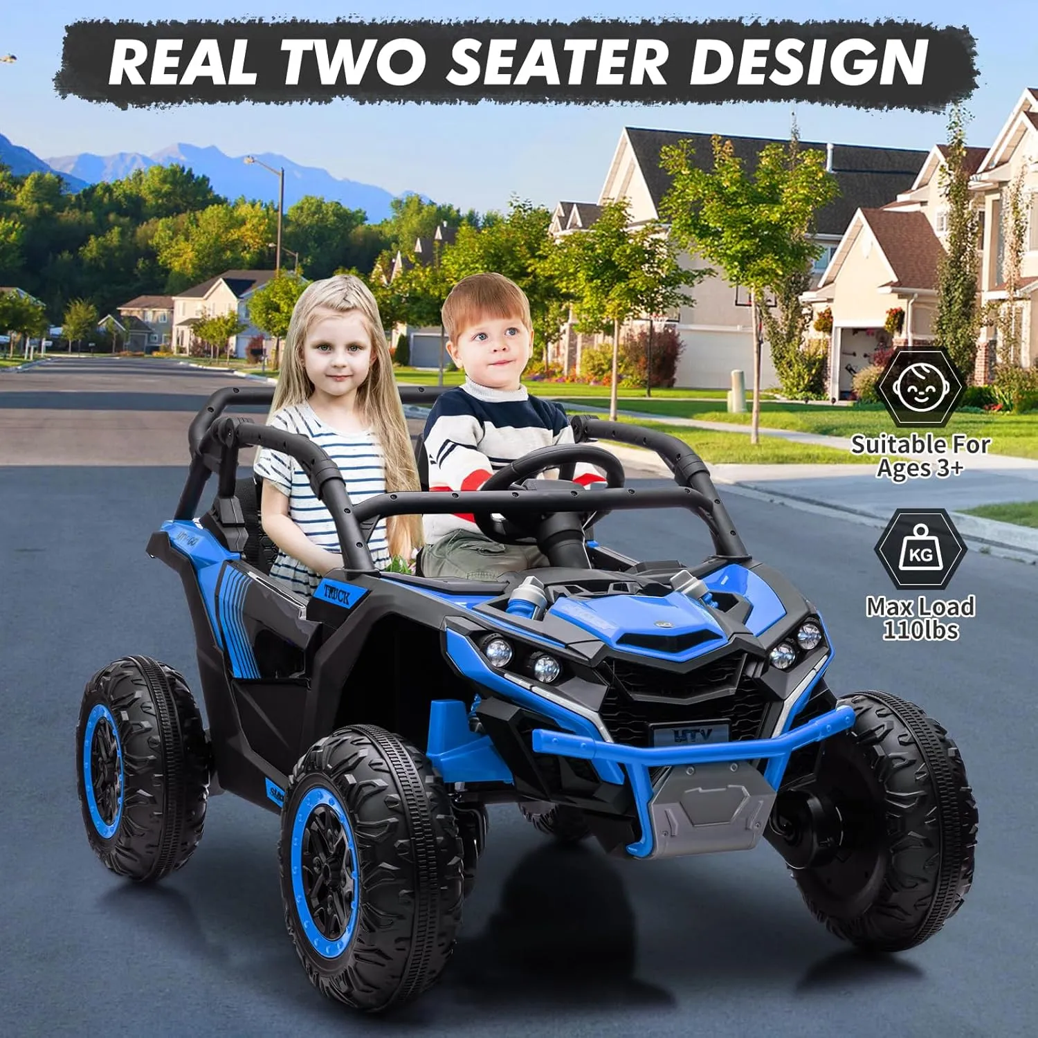 2 Seater Kids Electric Utv, 24V 4WD Ride On Car with Remote Control, Battery-Powered Off-Road Toy, Led Lights, and Music for Boys and Girls Ages 3 (Blue)