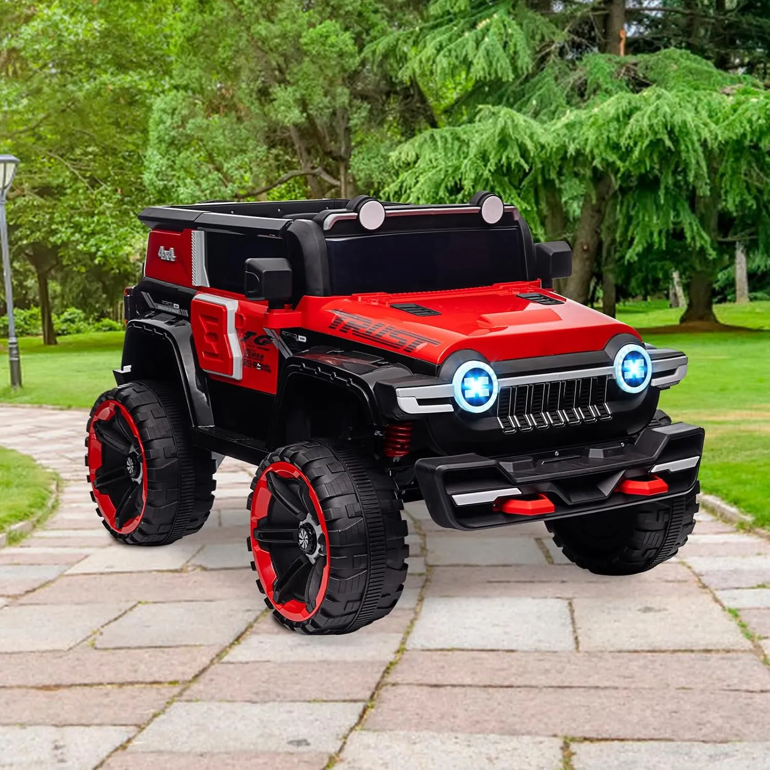 2 Seater Ride On Car with Remote Control, 4WD Off-Road Truck 12V Electric Battery Powered Ride On Toys, 25W Dual Motor, Spring Suspension, 3 Speed, Decor Spare Tire, for Boys Girls, Red
