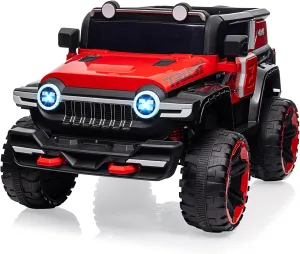 2 Seater Ride On Car with Remote Control, 4WD Off-Road Truck 12V Electric Battery Powered Ride On Toys, 25W Dual Motor, Spring Suspension, 3 Speed, Decor Spare Tire, for Boys Girls, Red