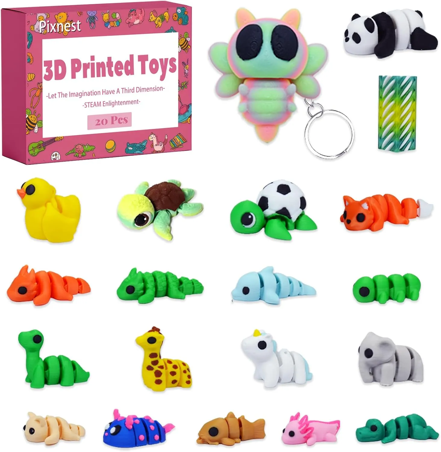 20 Pcs 3D Printed Animals, 3D Printed Toys for Flexible Mini Articulated Animal Set, 3D Print Fidget Toys Bag Keychains, Home Office Desk Decor for Stress Relieve Xams Hallowmas Gifts