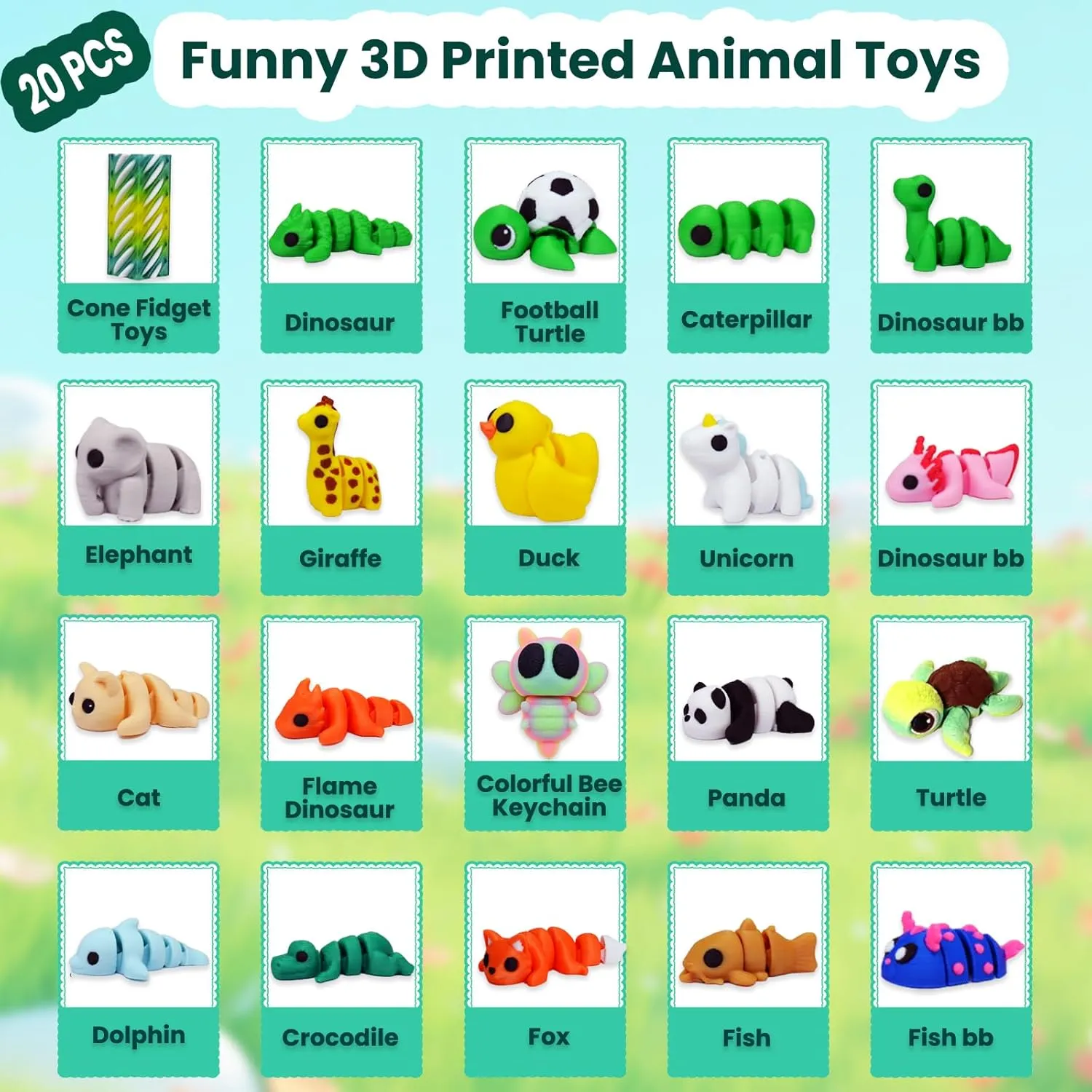 20 Pcs 3D Printed Animals, 3D Printed Toys for Flexible Mini Articulated Animal Set, 3D Print Fidget Toys Bag Keychains, Home Office Desk Decor for Stress Relieve Xams Hallowmas Gifts