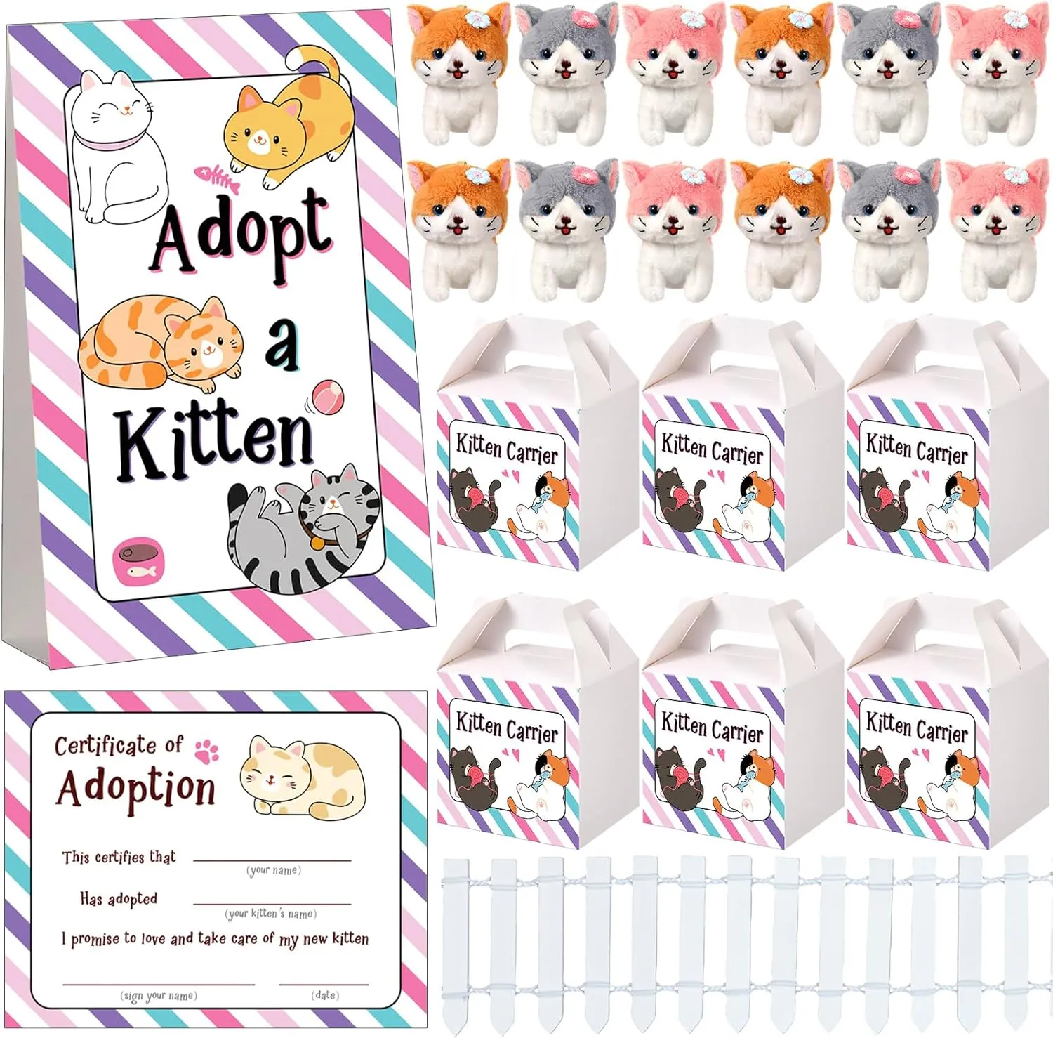 20 Set Adopt A Puppy Favors 20 Small Stuffed Puppy Plush Dogs Bulk with 20 Kraft Paper Boxes 20 Adoption Cards 1 White Fence and 1 Paper Sign for Adopt A Pet Party(Cat)