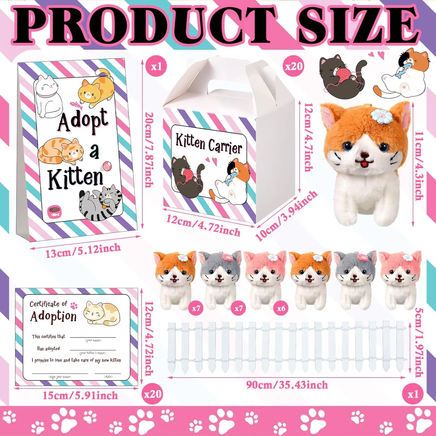 20 Set Adopt A Puppy Favors 20 Small Stuffed Puppy Plush Dogs Bulk with 20 Kraft Paper Boxes 20 Adoption Cards 1 White Fence and 1 Paper Sign for Adopt A Pet Party(Cat)