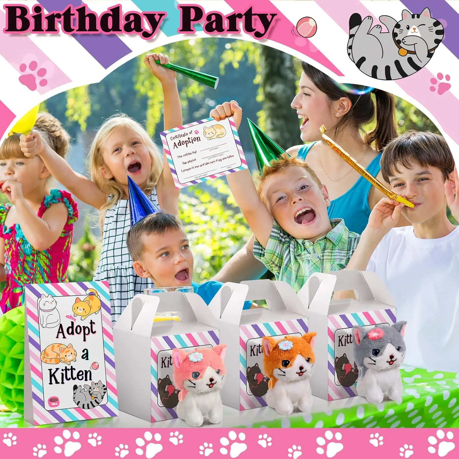 20 Set Adopt A Puppy Favors 20 Small Stuffed Puppy Plush Dogs Bulk with 20 Kraft Paper Boxes 20 Adoption Cards 1 White Fence and 1 Paper Sign for Adopt A Pet Party(Cat)
