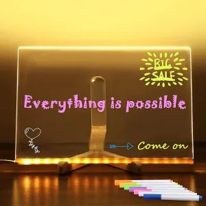 2025 Upgrade LED Note Board with Colors,with Light Up Dry Erase Board,Glowing Acrylic Message Marker Board with Light with Stand and 7 Pens for Office School (11.8 x 7.9 inch)