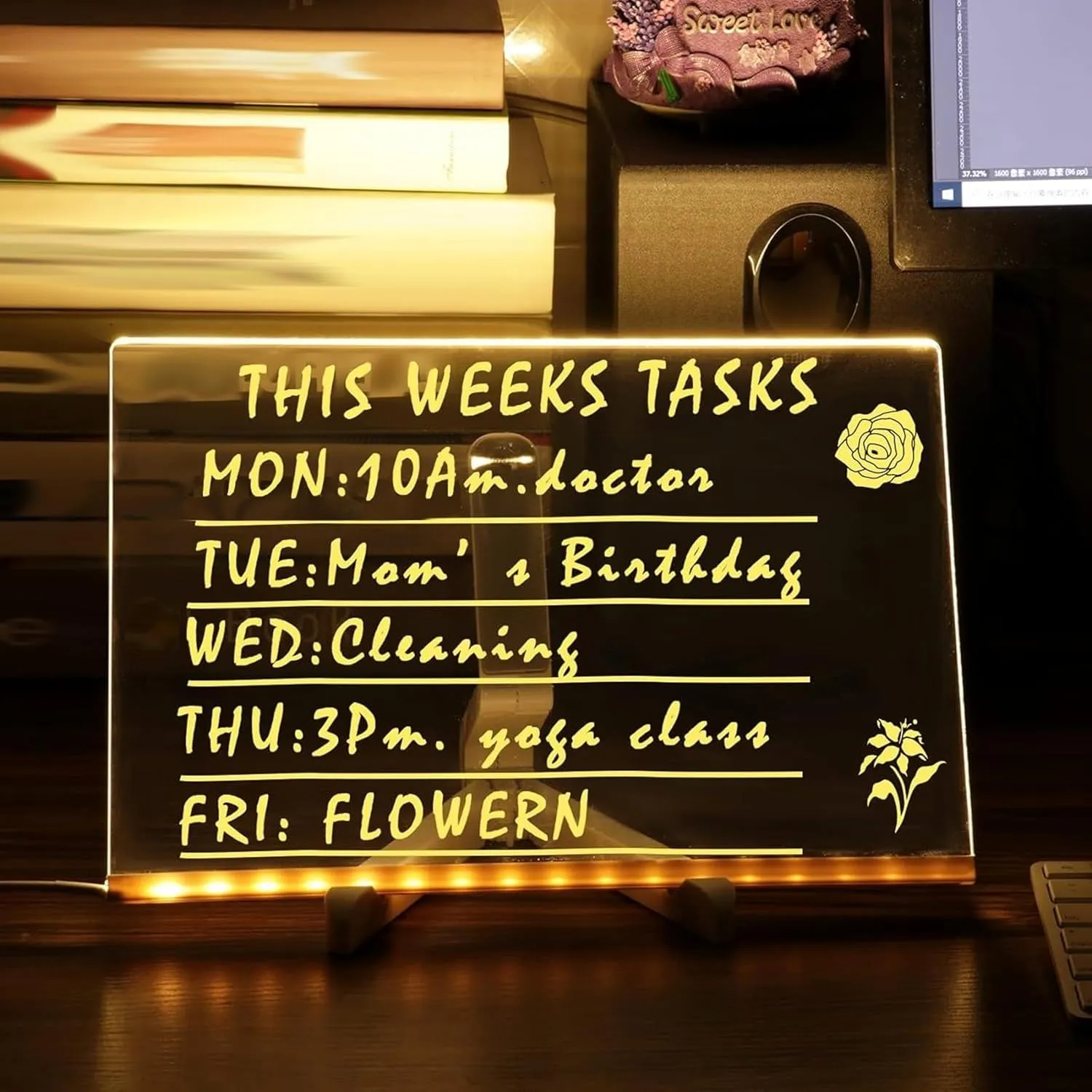 2025 Upgrade LED Note Board with Colors,with Light Up Dry Erase Board,Glowing Acrylic Message Marker Board with Light with Stand and 7 Pens for Office School (11.8 x 7.9 inch)