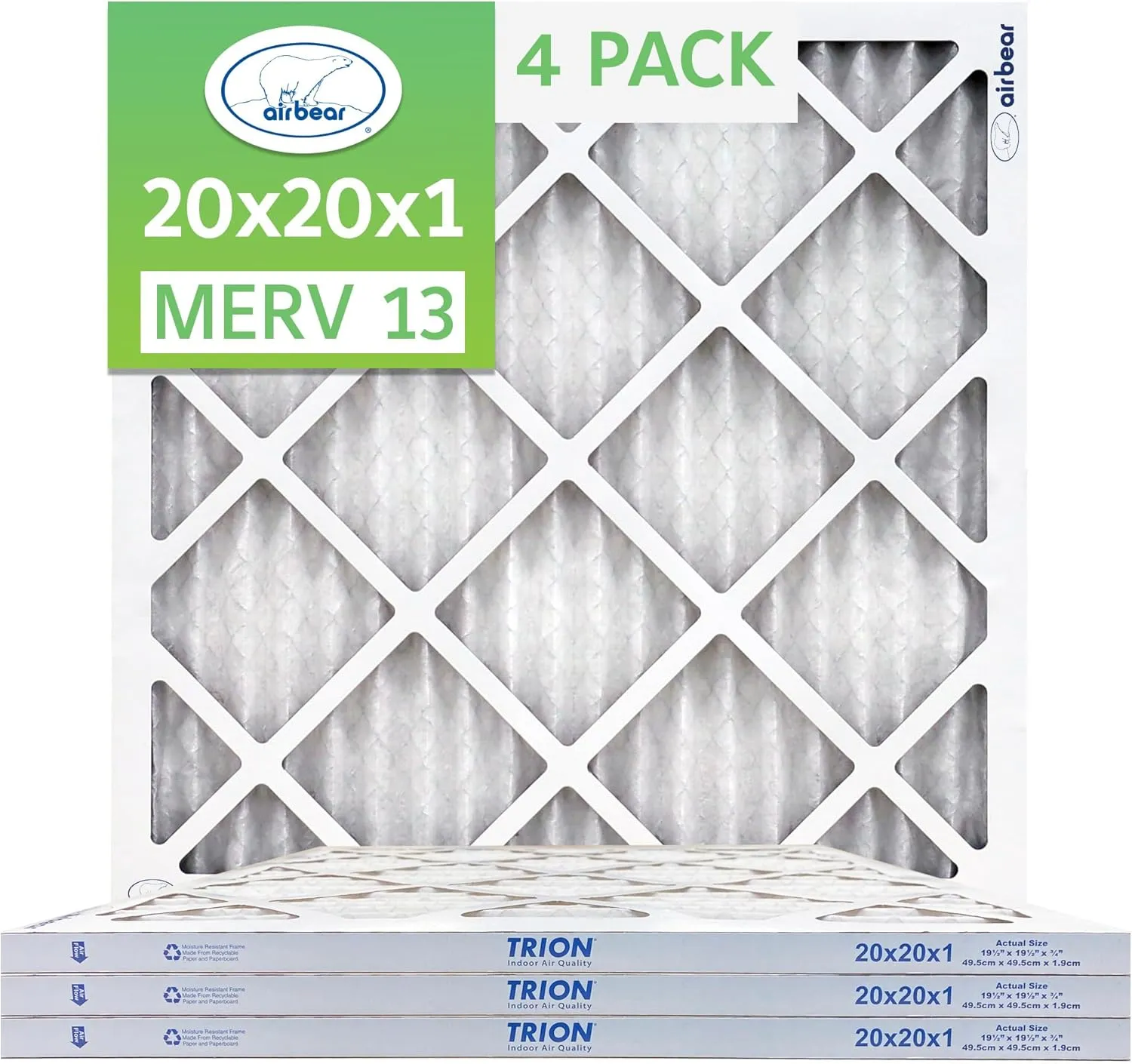 20x20x1 Air Filter MERV 13 (4-Pack) TRION Air Bear Pleated HVAC Air Filter Replacement (Actual Size: 19.50 x 19.50 x 0.75 Inches)