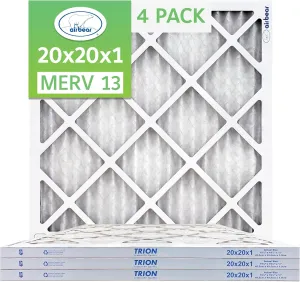 20x20x1 Air Filter MERV 13 (4-Pack) TRION Air Bear Pleated HVAC Air Filter Replacement (Actual Size: 19.50 x 19.50 x 0.75 Inches)