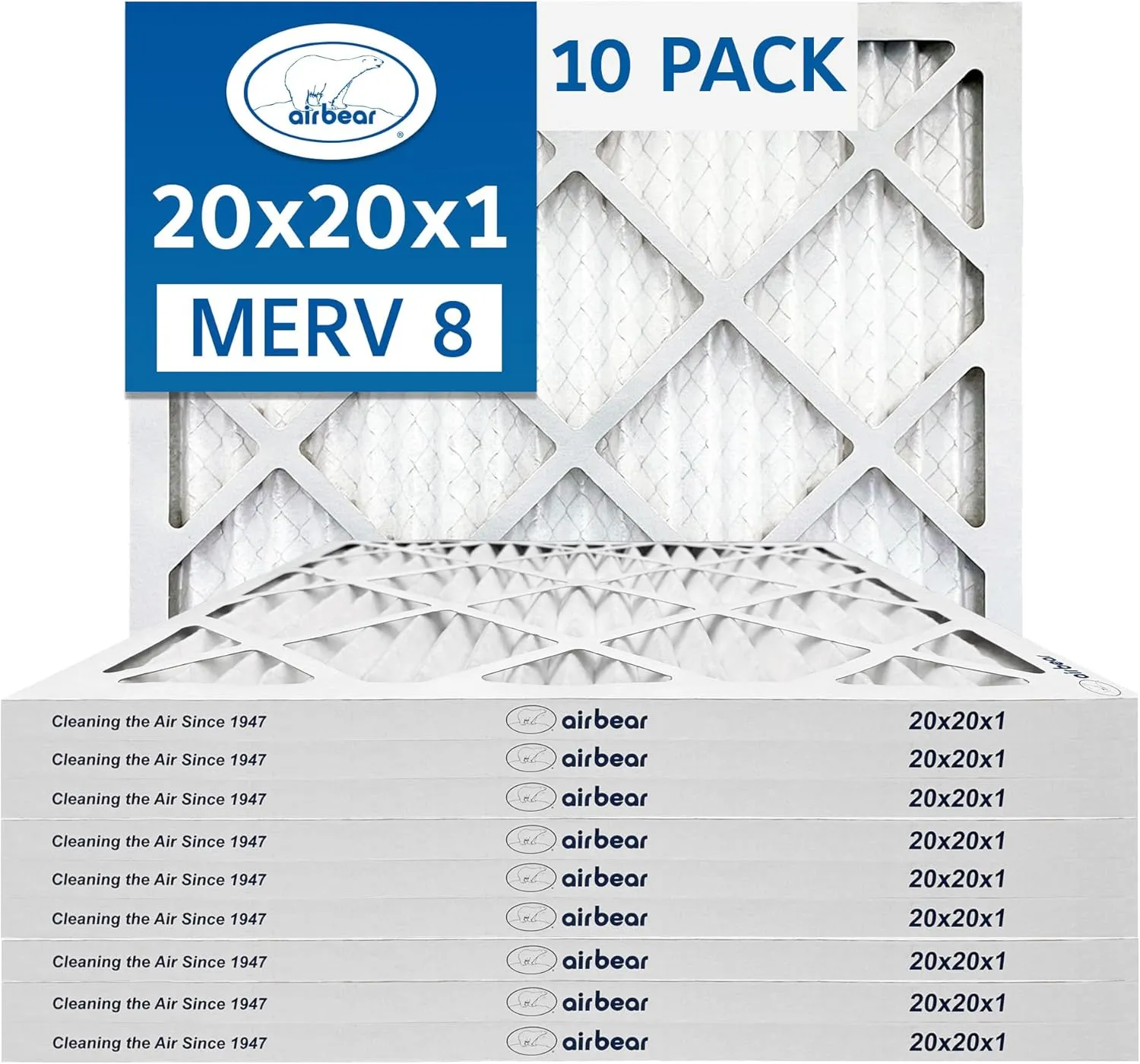 20x20x1 Air Filter MERV 8 (10-Pack) TRION Air Bear Pleated HVAC Air Filters Replacement (Actual Size: 19.50 x 19.50 x 0.75 Inches)