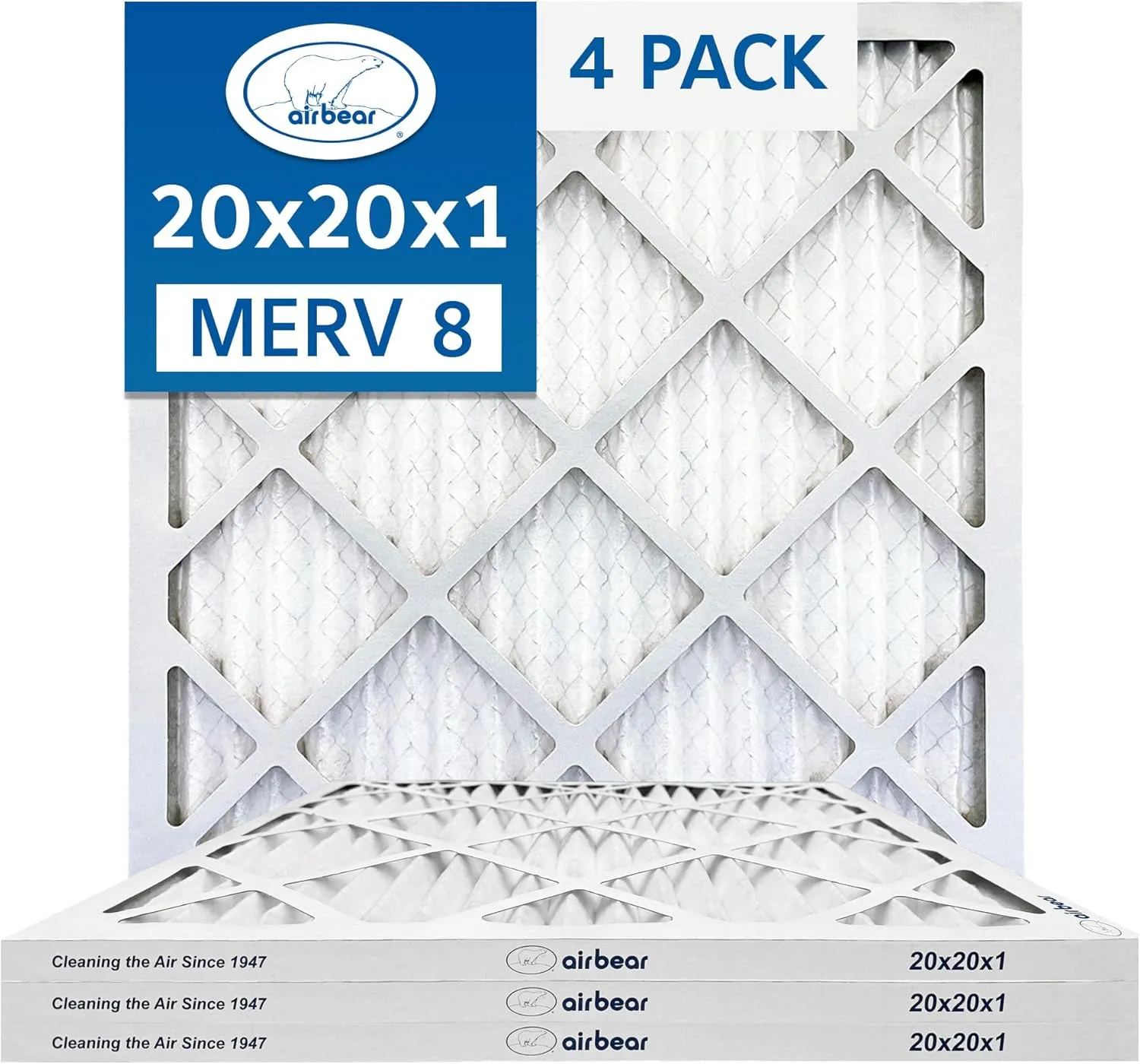 20x20x1 Air Filter MERV 8 (4-Pack) TRION Air Bear Pleated HVAC Air Filters Replacement (Actual Size: 19.50 x 19.50 x 0.75 Inches)