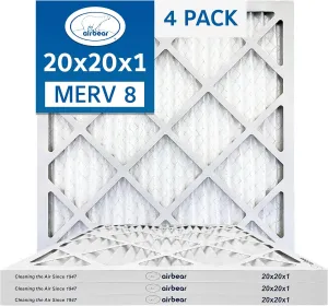 20x20x1 Air Filter MERV 8 (4-Pack) TRION Air Bear Pleated HVAC Air Filters Replacement (Actual Size: 19.50 x 19.50 x 0.75 Inches)