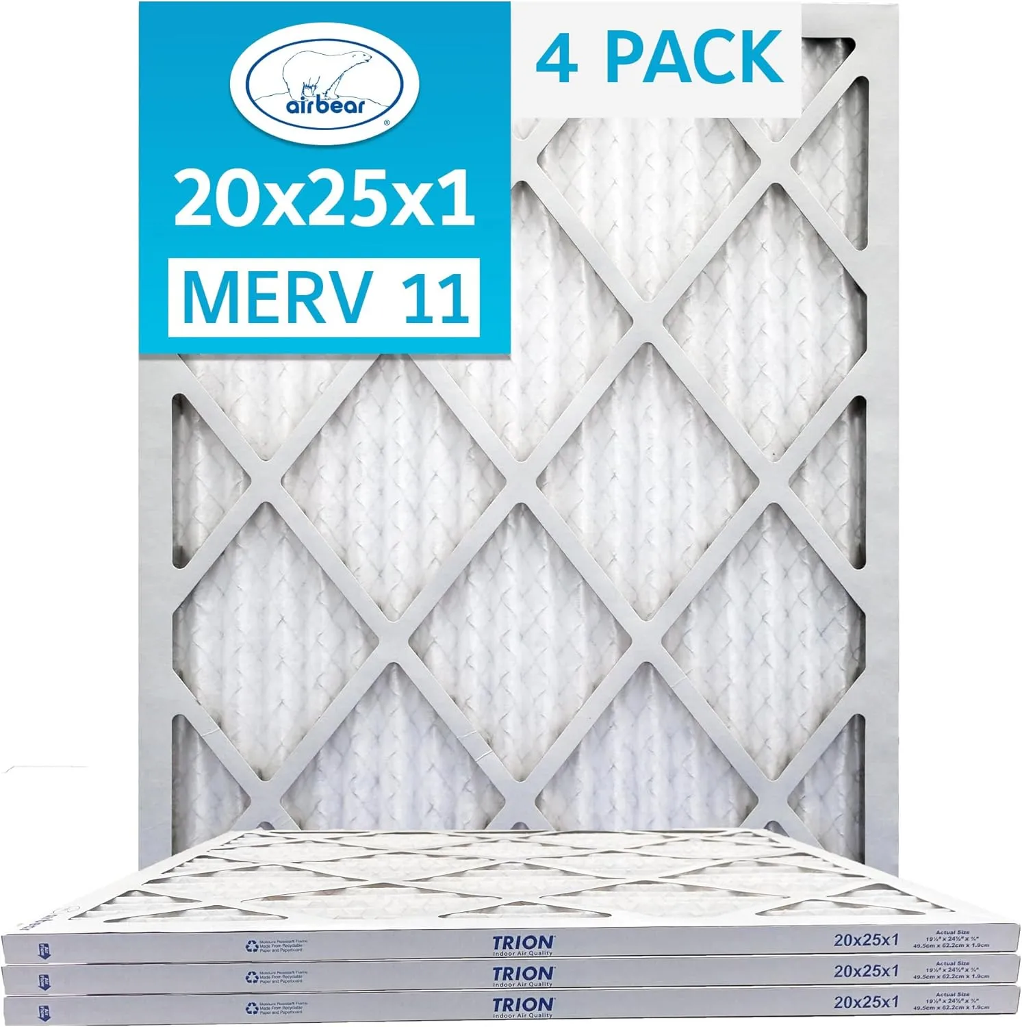 20x25x1 Air Filter MERV 11 (4-Pack) TRION Air Bear Pleated HVAC Air Filters Replacement (Actual Size: 19.50 x 24.50 x 0.75 Inches)