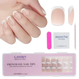 210 Pcs White French Nail Tips-Short Square Press On Nails Nude, Pre-Designed Long Lasting Soft Gel Nails False Nail, Soak Off Acrylic Fake Nails Extensions for Nail Art DIY