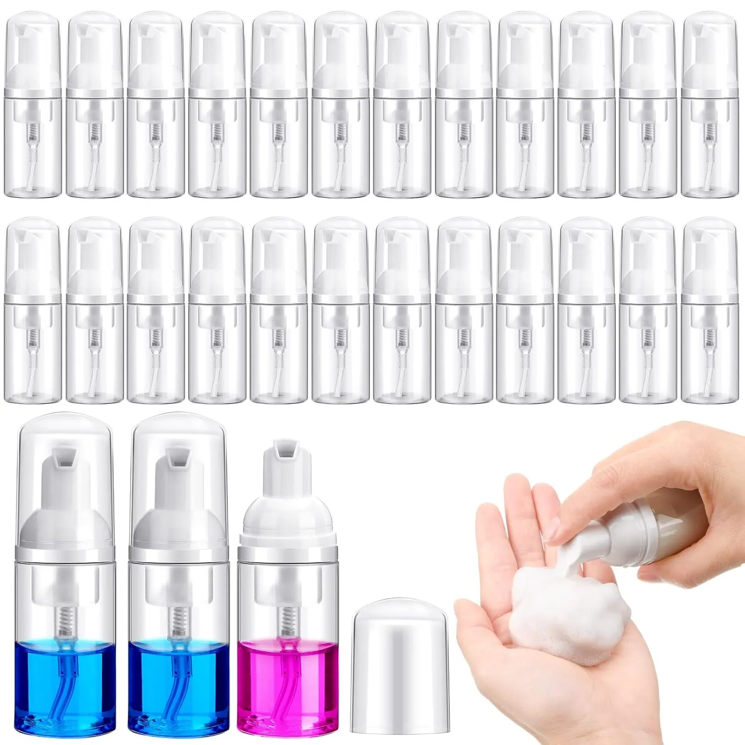 24 Pcs Foam Pump Bottles 1 Oz/ 30 ml Plastic Mini Empty Dispenser Travel Soap Foaming Bottles for Refillable Hand Sanitizer Lash Shampoo(Clear)