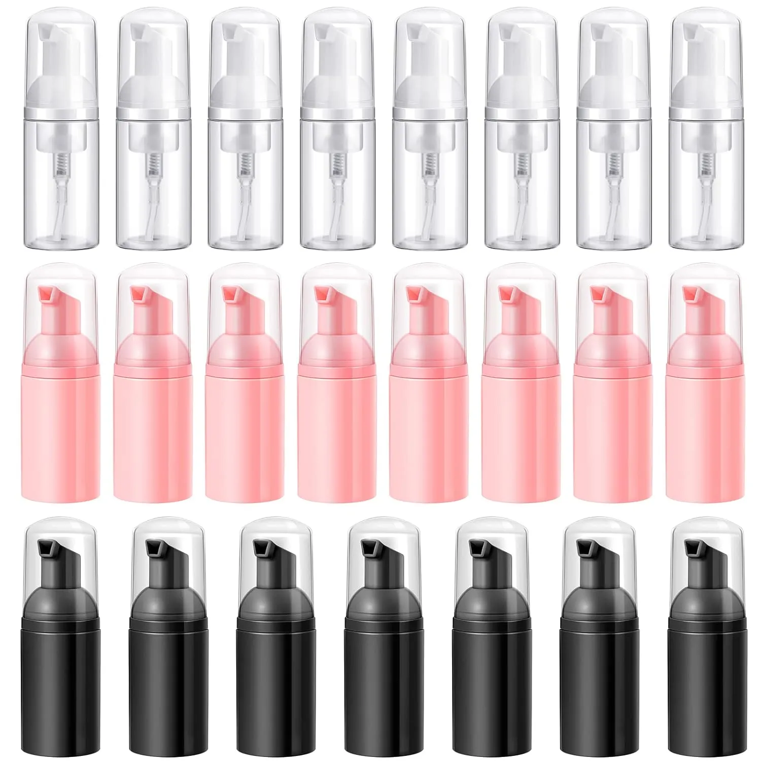 24 Pcs Foam Pump Bottles 1 Oz/ 30 ml Plastic Mini Empty Dispenser Travel Soap Foaming Bottles for Refillable Hand Sanitizer Lash Shampoo(White, Pink, Black)