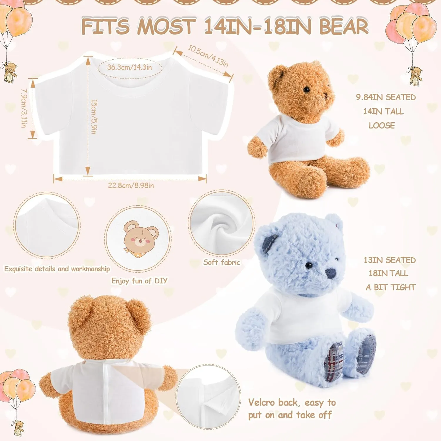 24 Pcs Stuffed Bear Clothes Bulk Sublimation Blank Stuffed Animal Shirt Plush Bear T Shirt Classic Bear Tee Shirt Fit 14-18 Inches Stuffed Dolls