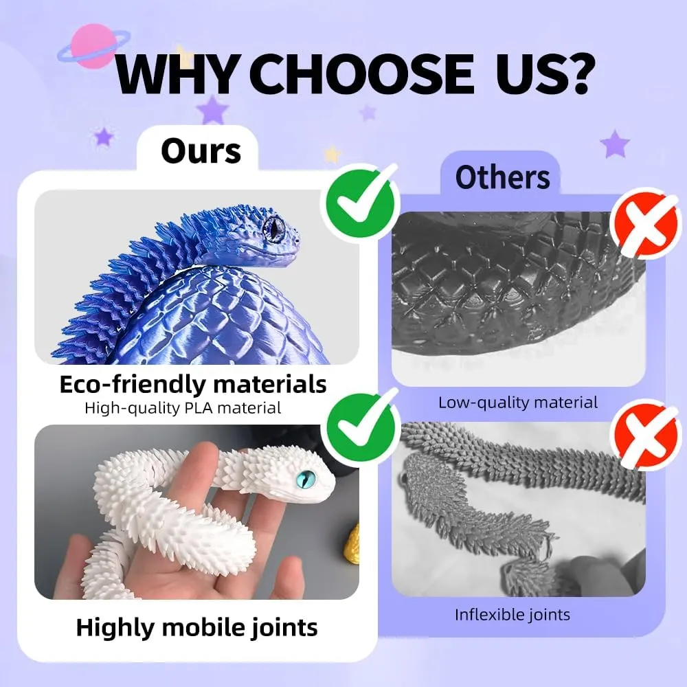24inch Snake,3D Printed Snake Egg with Snake Inside,3D Printed Animals Toys,Like Movable Snake Realistic Slithering Design (Luminous-Rainbow)