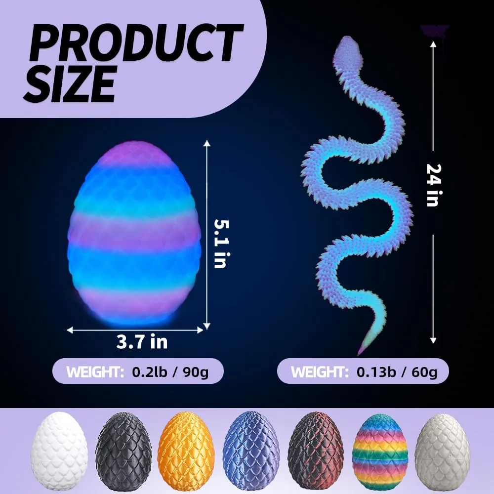 24inch Snake,3D Printed Snake Egg with Snake Inside,3D Printed Animals Toys,Like Movable Snake Realistic Slithering Design (Luminous-Rainbow)