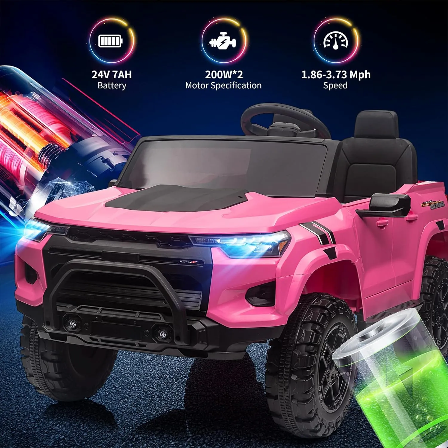 24V 2 Seater Kids Ride On Truck Electric Ride On Car Toy for Toddlers Battery Powered Vehicle with Remote Control, Trunk, Handle, Battery Display, LED Lights, Music, Pink