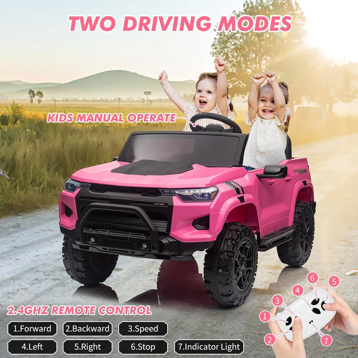 24V 2 Seater Kids Ride On Truck Electric Ride On Car Toy for Toddlers Battery Powered Vehicle with Remote Control, Trunk, Handle, Battery Display, LED Lights, Music, Pink