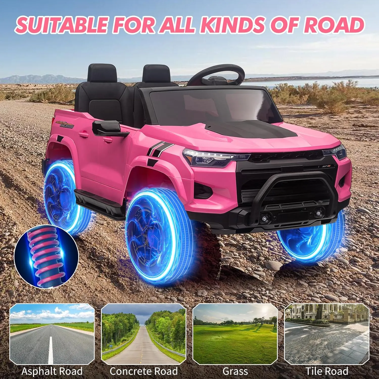 24V 2 Seater Kids Ride On Truck Electric Ride On Car Toy for Toddlers Battery Powered Vehicle with Remote Control, Trunk, Handle, Battery Display, LED Lights, Music, Pink