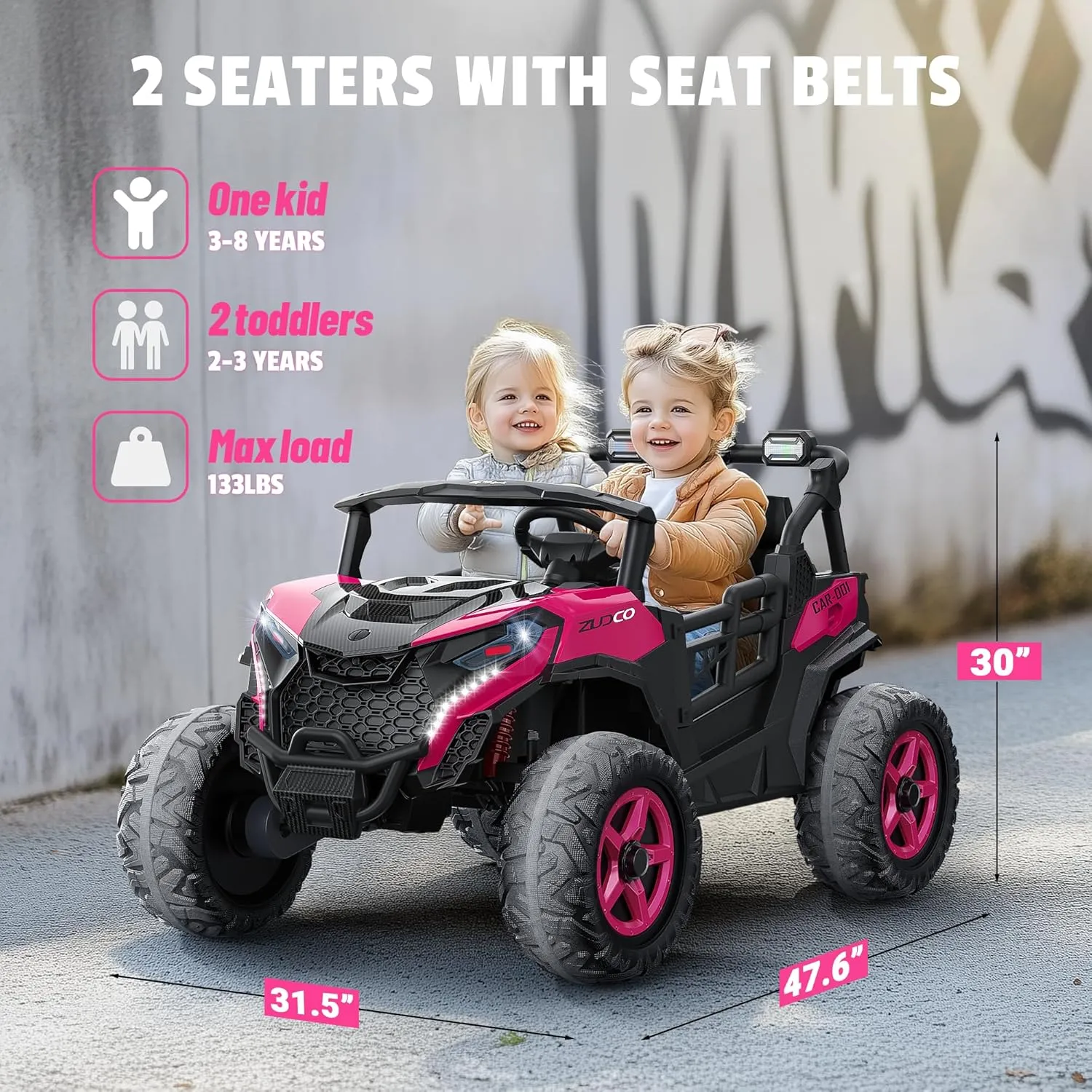 24V 2 Seater Ride on Car Truck, 4x200W, EVA Tires, 4WD/2WD, Rainbow Lights, Remote Control, Shock Absorbers, Bluetooth, Ride On UTV Toy for Kids Ages 3-8, Pink