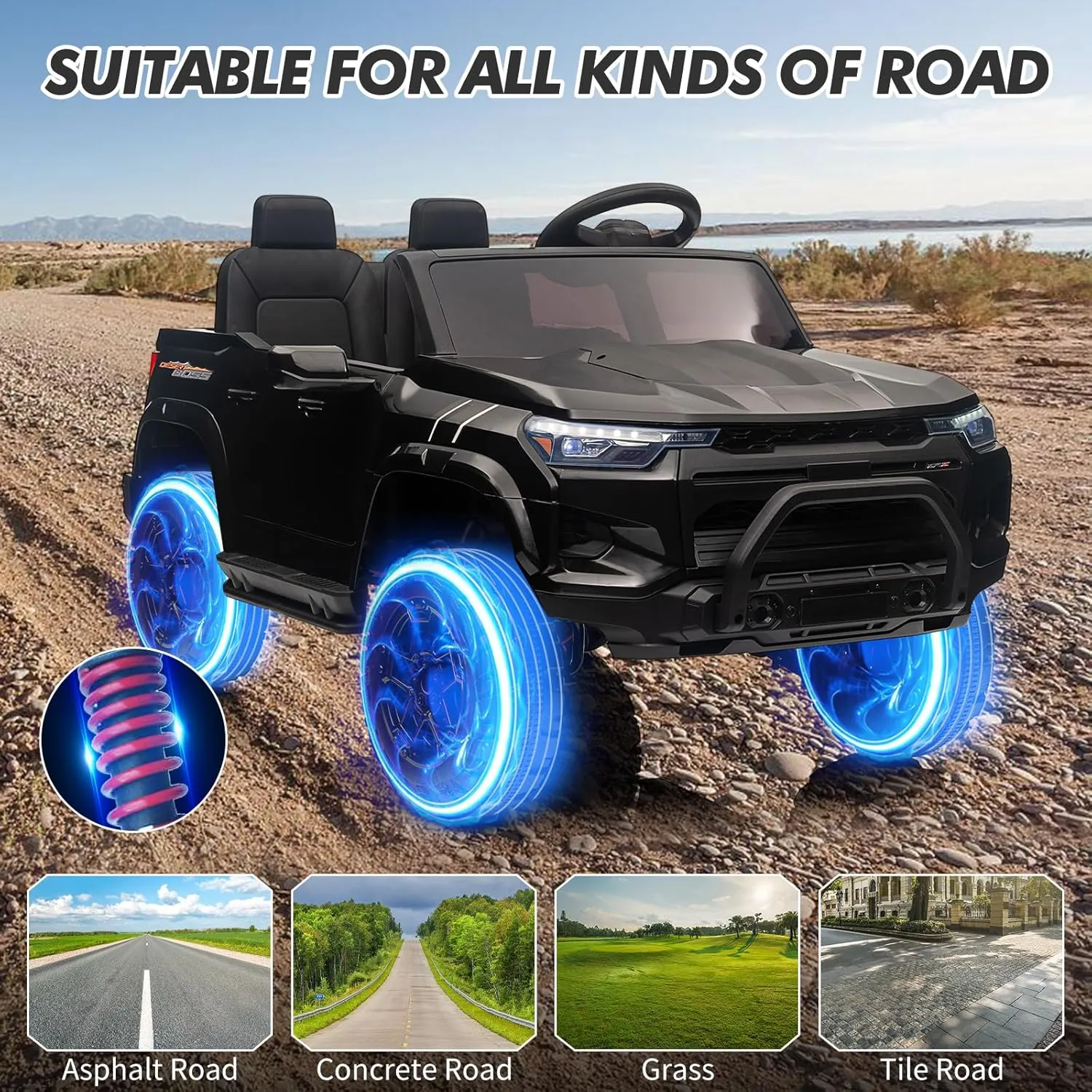 24V 2 Seater Ride On Truck for Kids, Battery Powered Vehicle Toddlers Ride On Car Toy with Remote Control, Trunk, Handle, Battery Display, LED Lights, Music, Electric Car for Boys Girls, Black