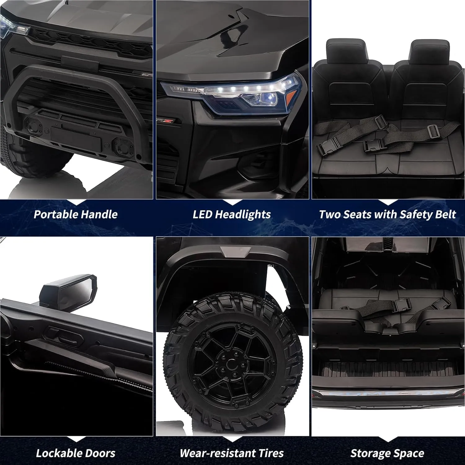 24V 2 Seater Ride On Truck for Kids, Battery Powered Vehicle Toddlers Ride On Car Toy with Remote Control, Trunk, Handle, Battery Display, LED Lights, Music, Electric Car for Boys Girls, Black
