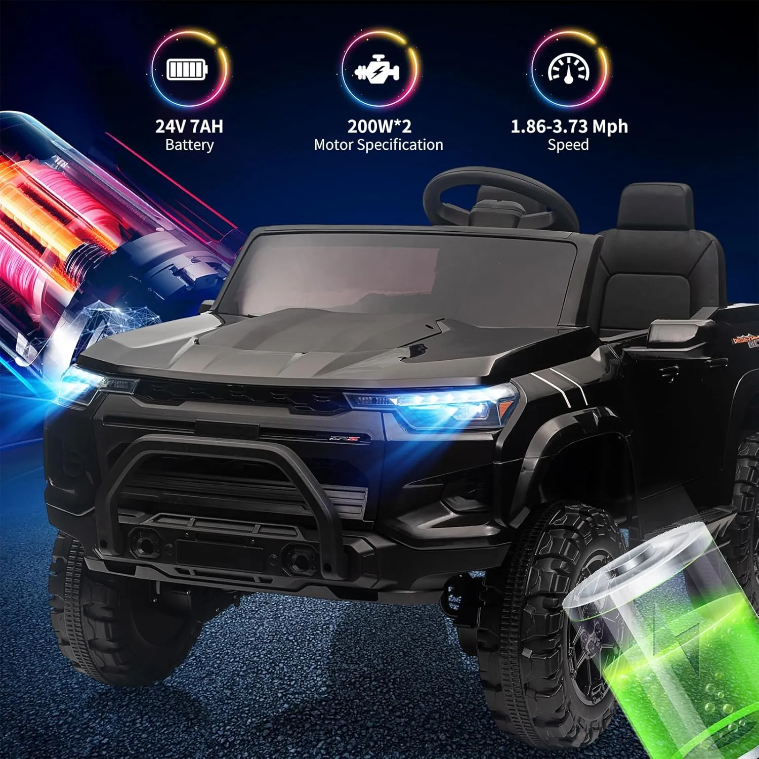 24V 2 Seater Ride On Truck for Kids, Battery Powered Vehicle Toddlers Ride On Car Toy with Remote Control, Trunk, Handle, Battery Display, LED Lights, Music, Electric Car for Boys Girls, Black