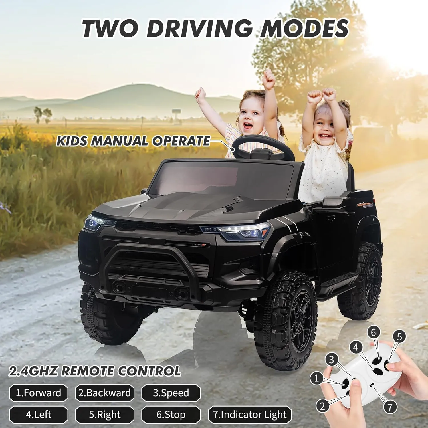 24V 2 Seater Ride On Truck for Kids, Battery Powered Vehicle Toddlers Ride On Car Toy with Remote Control, Trunk, Handle, Battery Display, LED Lights, Music, Electric Car for Boys Girls, Black