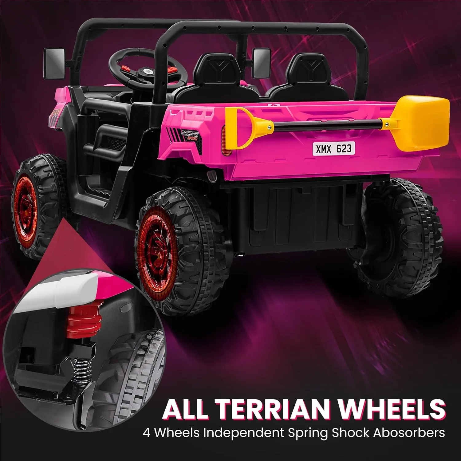 24V 4WD Ride on Truck Car w/4X200W Motor, Dump Bed, Gift Flower, 2 seaters, Remote Control, 4 Wheeler, LED Light, Music, 24 Volt Battery Powered Ride on Toys for Big Kids Girls 3-8, Pink