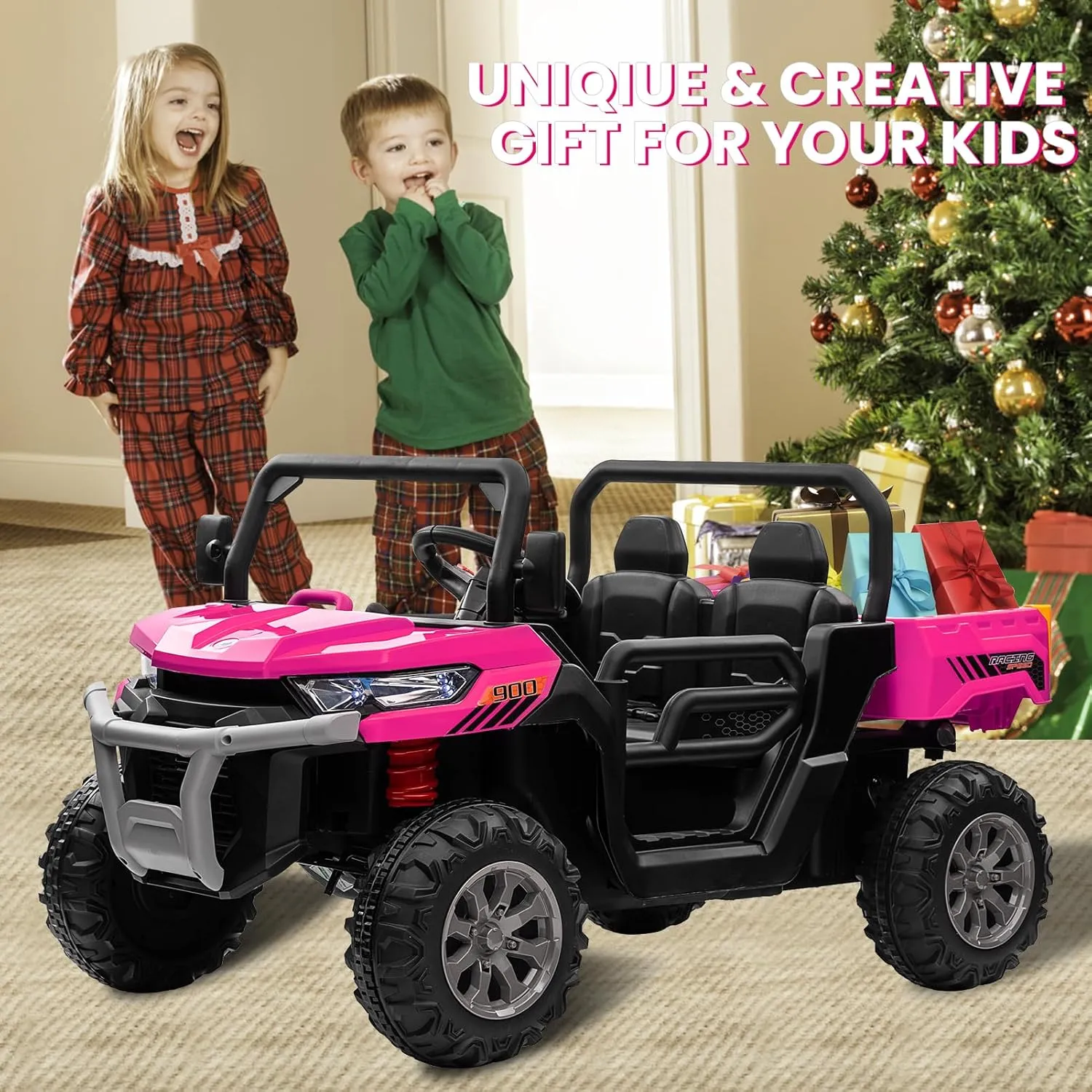 24V 4WD Ride on Truck Car w/4X200W Motor, Dump Bed, Gift Flower, 2 seaters, Remote Control, 4 Wheeler, LED Light, Music, 24 Volt Battery Powered Ride on Toys for Big Kids Girls 3-8, Pink