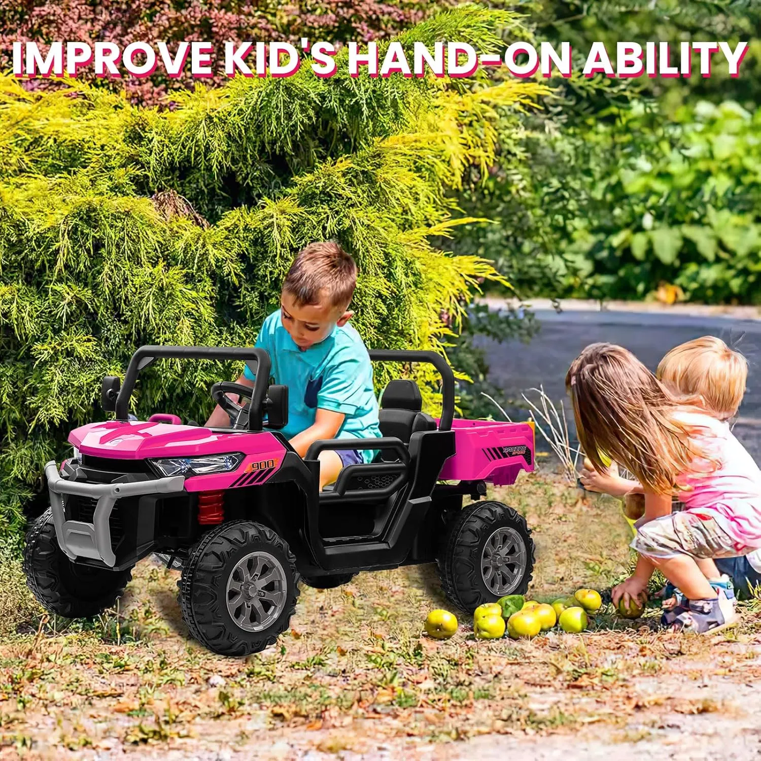 24V 4WD Ride on Truck Car w/4X200W Motor, Dump Bed, Gift Flower, 2 seaters, Remote Control, 4 Wheeler, LED Light, Music, 24 Volt Battery Powered Ride on Toys for Big Kids Girls 3-8, Pink
